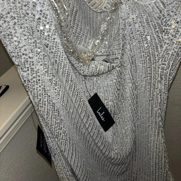 NWT Lulus Famous Behavior Silver Sequin Cowl Neck Mini Dress - Picture 8 of 10